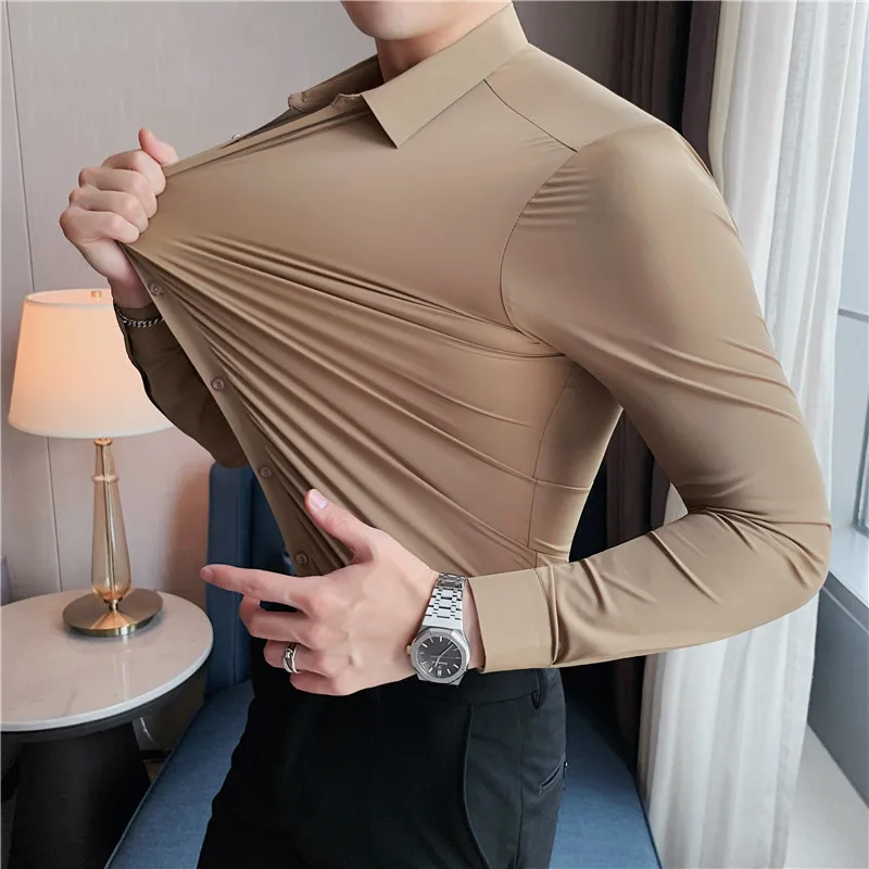 Plus Size 4XL-M High Elasticity Seamless Shirts Men Long Sleeve Top Quality Slim Casual Luxury Shirt Social Formal Dress Shirts - Image 3