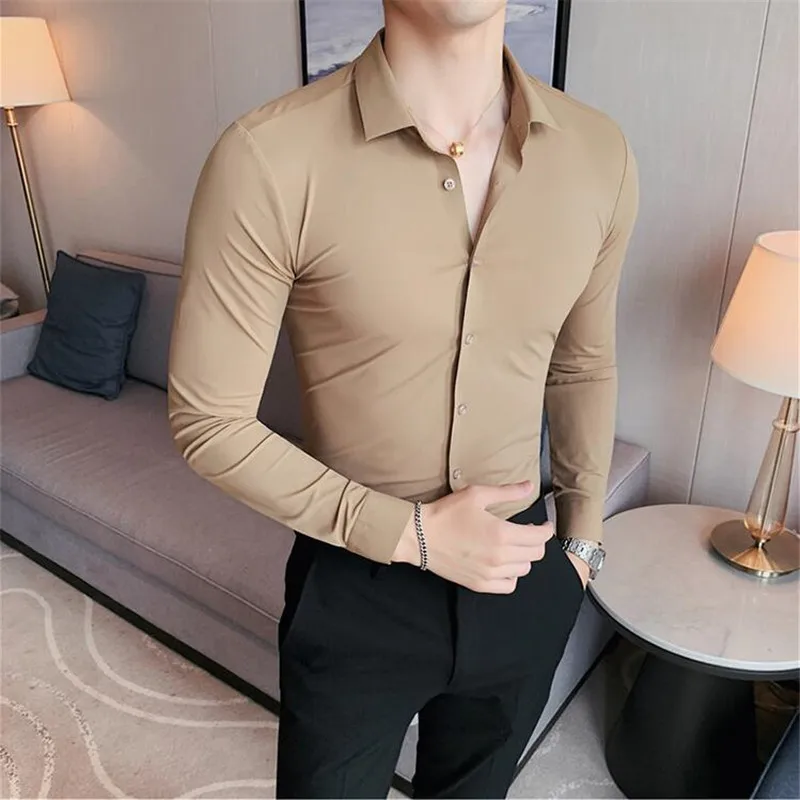 Plus Size 4XL-M High Elasticity Seamless Shirts Men Long Sleeve Top Quality Slim Casual Luxury Shirt Social Formal Dress Shirts - Image 6