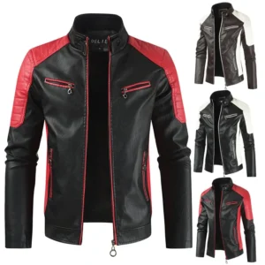 Fashionable Men's Biker Leather Jacket 2025 New Zipper Stand Collar Fleece Lined Casual PU Leather Coat Regular Fit