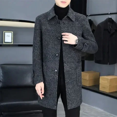 Thickened Double-Sided Woolen Coat Men's Mid-Length Fashion Single-Button Business Casual Woolen Jacket Trendy - Image 2