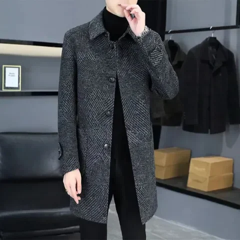 Thickened Double-Sided Woolen Coat Men's Mid-Length Fashion Single-Button Business Casual Woolen Jacket Trendy - Image 3