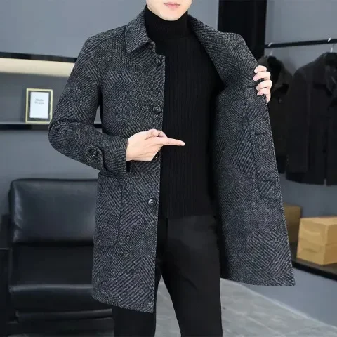 Thickened Double-Sided Woolen Coat Men's Mid-Length Fashion Single-Button Business Casual Woolen Jacket Trendy